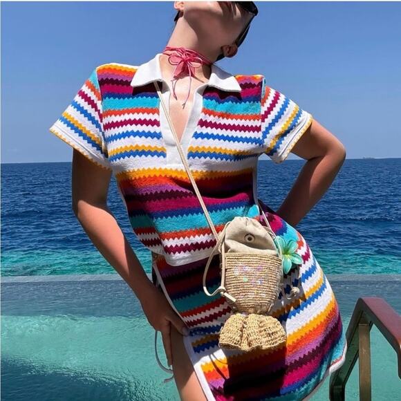 Missoni Zig Zag Cotton Blend Cropped Polo Size 10 NWT Multicolor Chevron - Picture 2 of 11